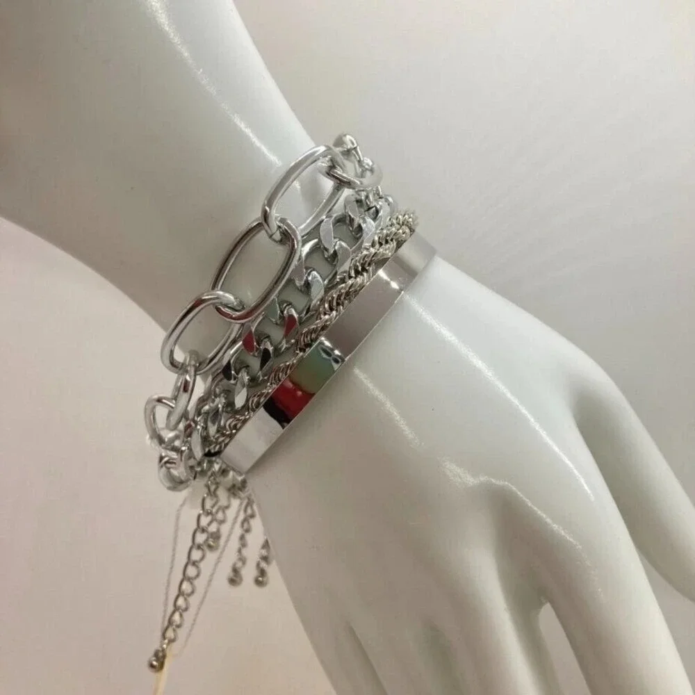 Xmimior Silver Tone Multi-Layer Bracelet Set Fashion Chain‎ & Bangle Cuff NEW